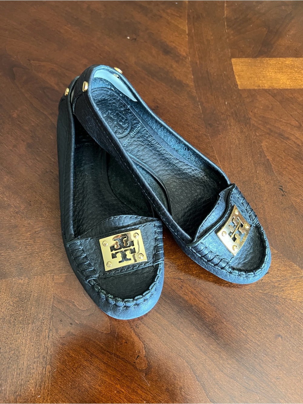 Tory Burch Black Leather Logo Moccasins with Gold Plaque